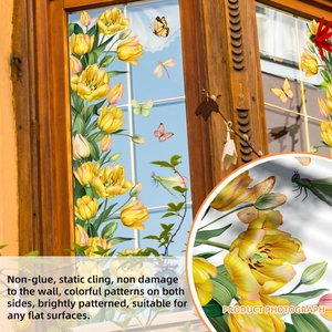Detail of yellow tulip glass sticker showing double-sided floral and butterfly patterns