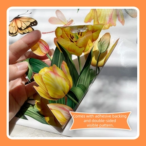 Yellow tulip and butterfly window stickers with double-sided visible adhesive pattern