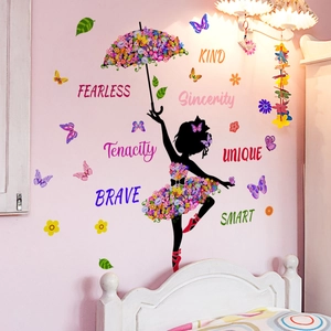 Dancing Girl Wall Stickers PVC Self Adhesive Butterflies Flowers Inspirational Quotes For Bedroom Kids Room Decor