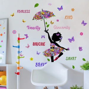 Ballerina wall decal with floral dress and butterflies for kids room decor
