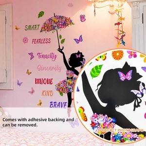 Girl with floral umbrella wall sticker featuring butterflies and inspirational quotes