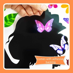 Dancing girl silhouette wall sticker with purple butterflies and adhesive backing detail
