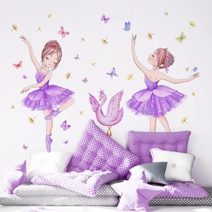 Detailed wall sticker set featuring cartoon ballet girls, pink swan and purple butterflies
