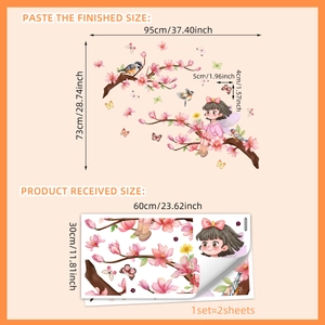 Cartoon girl flower wall decals set with pink floral branches and birds stickers