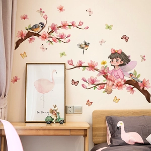 Cartoon flower girl and butterfly wall stickers for children's bedroom decor