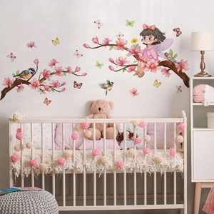Cartoon Fairy Girl Butterfly Flower Wall Stickers PVC Self Adhesive Removable Waterproof Mural For Kids Room Nursery Bedroom Decor