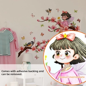 Cartoon flower girl and butterfly wall stickers for living room and bedroom home decor
