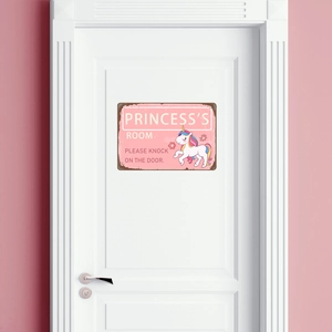 Pink metal Princess's Room door sign with unicorn and floral details in vintage style