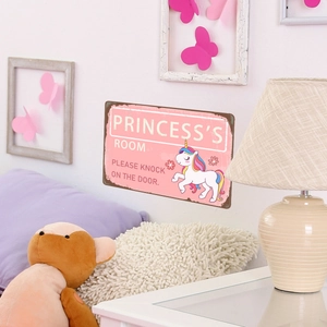 Pink metal Princess's Room door sign with a colorful unicorn and decorative typography