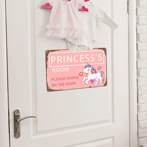 Pink unicorn Princess Room door sign with rainbow colors and retro finish on white door