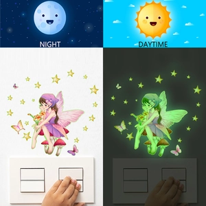 Luminous cartoon flower fairy and mushroom wall stickers glowing on light switch at night