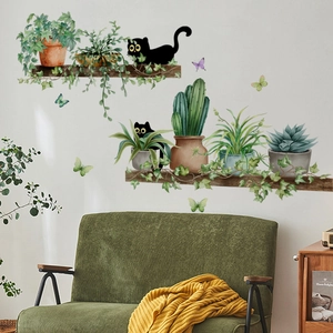 Watercolor wall stickers featuring cats and green potted plants for living room decor