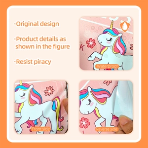 Waterproof unicorn princess wall sticker showing front design and back material details