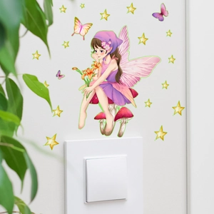 Luminous cartoon flower fairy wall sticker with stars and butterflies for light switch decor