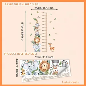 Cartoon animal stack height chart wall sticker for kids room with elephant and lion graphics
