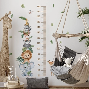 Cartoon animal height chart wall sticker featuring stacked lion and elephant design