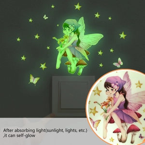 Luminous wall stickers set featuring cartoon fairy on mushroom with glowing stars and butterflies