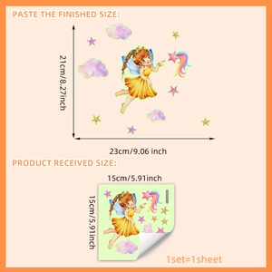 Luminous cartoon fairy and stars wall sticker detail with 15x15cm size specifications