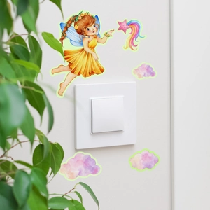 Luminous cartoon fairy and stars light switch stickers on white wall home decoration