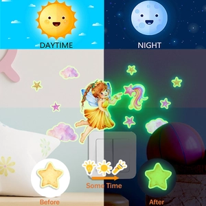 Glow-in-the-dark wall stickers showing luminous effect on light switch during day and night