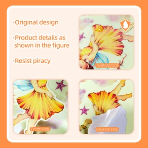 Detail view of waterproof cartoon fairy wall sticker showing front design and back material