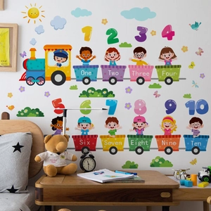Bunter Cartoon-Nummernzug Wandaufkleber für Kinderzimmer mit pädagogischen Zahlen