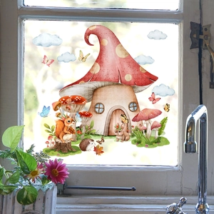 Cartoon squirrel and mushroom house double-sided static window stickers for home decor