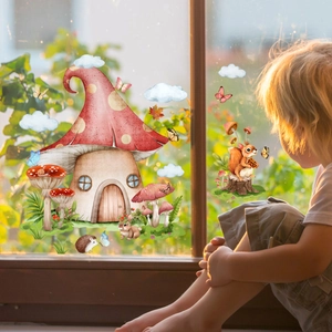 Cartoon Forest Animal Mushroom House Window Stickers Double Sided Static Cling PVC Decals Kids Room Nursery Decor