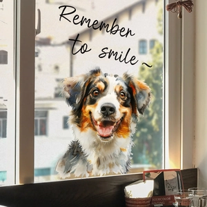 Australian Shepherd watercolor window decal with Remember to smile motivational text