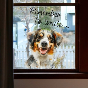 Watercolor Australian Shepherd window sticker with Remember to smile typography