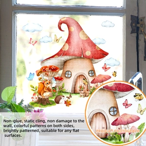 Double-sided squirrel and mushroom house static window clings for home glass decoration