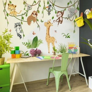 Cartoon jungle animals wall decals with giraffe and koala for kids room decor