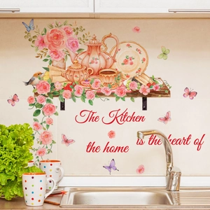 Stickers muraux cuisine fleurs roses et théière avec citation décorative