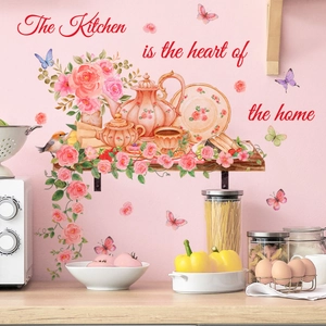 Stickers muraux de cuisine avec roses roses, service à thé et citation décorative anglaise