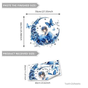 Vinilos decorativos de hada azul y luna con flores para dormitorio infantil