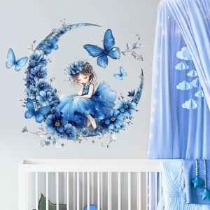 Vinilos decorativos de luna azul y niña para habitación infantil con mariposas acuarela