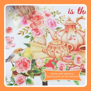 Stickers muraux roses et théière fleurie avec papillons et oiseaux pour décoration
