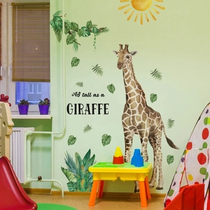 Watercolor Cartoon Giraffe Tropical Leaves PVC Wall Stickers Waterproof Self Adhesive Nursery Kids Room Decor