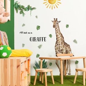 Watercolor giraffe and tropical leaves wall sticker set for kids room decoration