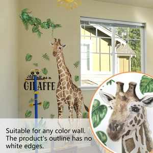 Cartoon giraffe wall decals with green leaves and sun stickers for kids bedroom