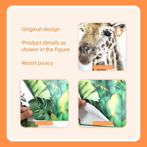Detail of waterproof giraffe and tropical leaf wall sticker showing adhesive back and surface