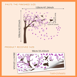 Purple flower tree wall sticker set with birds and finished size layout display