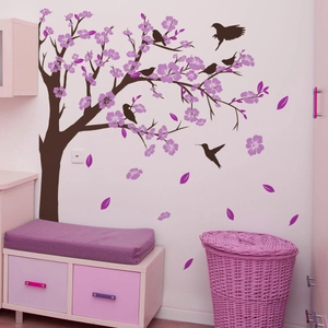 Purple Cherry Blossom Tree Wall Sticker Removable PVC Bird Floral Decals For Living Room Bedroom Home Office Wall Decor