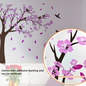 Self-adhesive purple floral tree wall decal with birds for living room home decoration