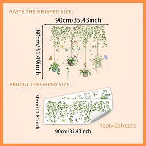 Self-adhesive green vine wall sticker with butterflies for room decor, 90x80cm layout