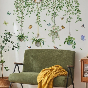 Hanging green plant wall stickers with colorful butterflies for home living room decor