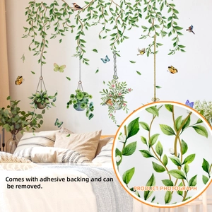 Green vine plants and butterfly wall stickers for living room home wall decoration