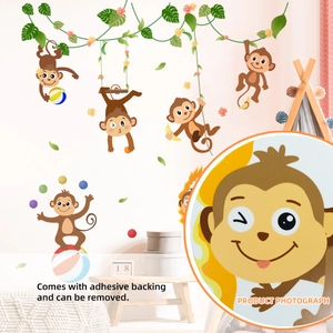 Cartoon monkey tree branch wall decals for nursery decor with self-adhesive backing