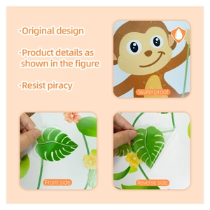 Waterproof cartoon monkey wall sticker with detailed adhesive layer and branch patterns