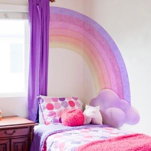 Large pastel rainbow and purple clouds wall decal for minimalist kids' bedroom decoration
